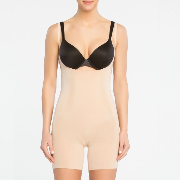 Spanx OnCore Open-Bust Mid-Thigh Bodysuit Soft Nude